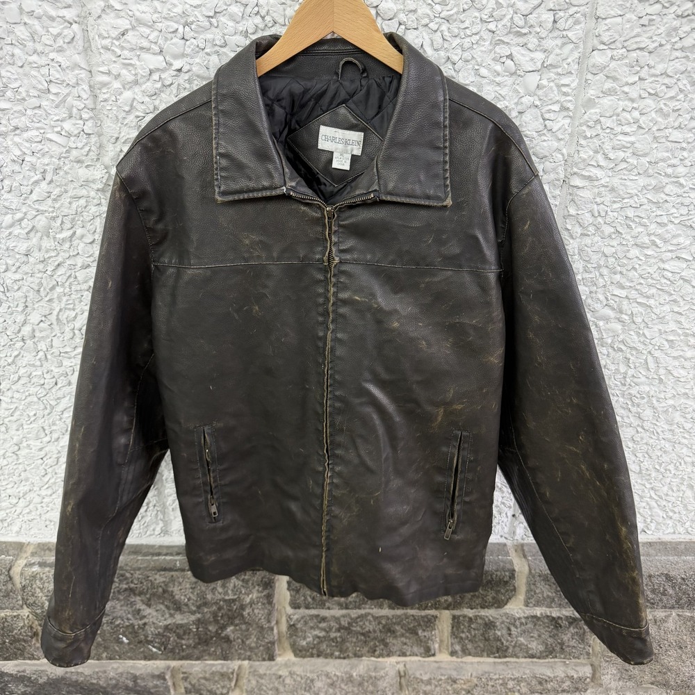 Charles Klein Jacket Mens XL Brown Faux Leather Bomber Lined Pockets Insulated